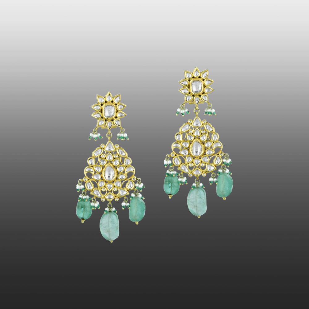 Polki Necklace Set with Gold Detailing and Emerald Drops